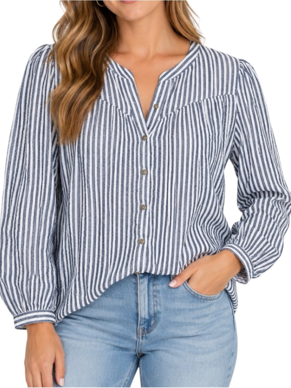 Universal Thread Large Blue White Striped Cotton Button Front Puff Sleeve Blouse
